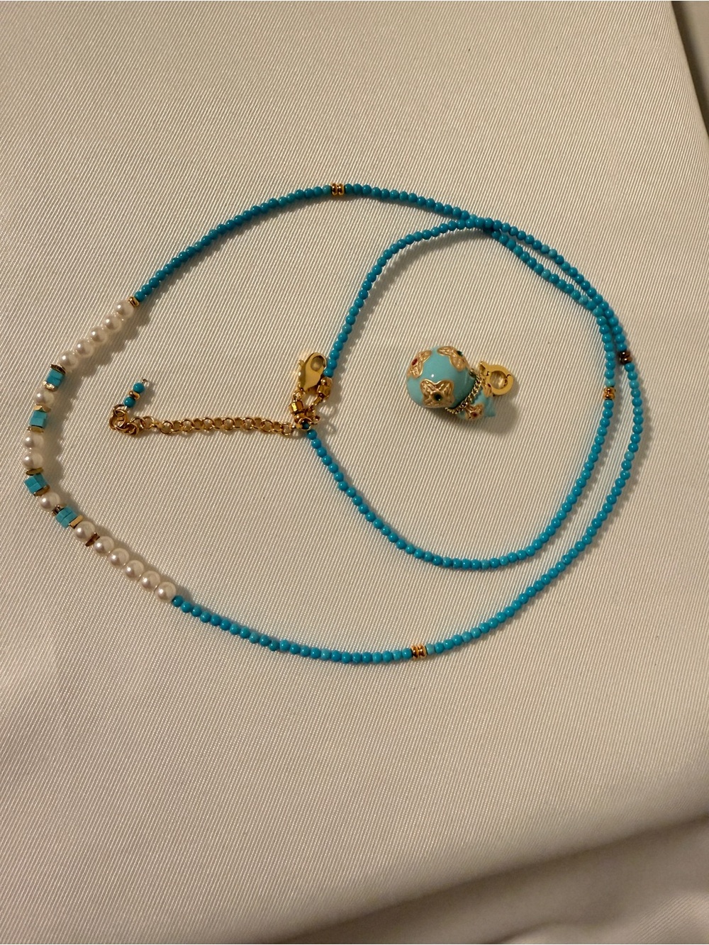 Turquoise Beaded Necklace with Pearl Accents and Enamel Pendant